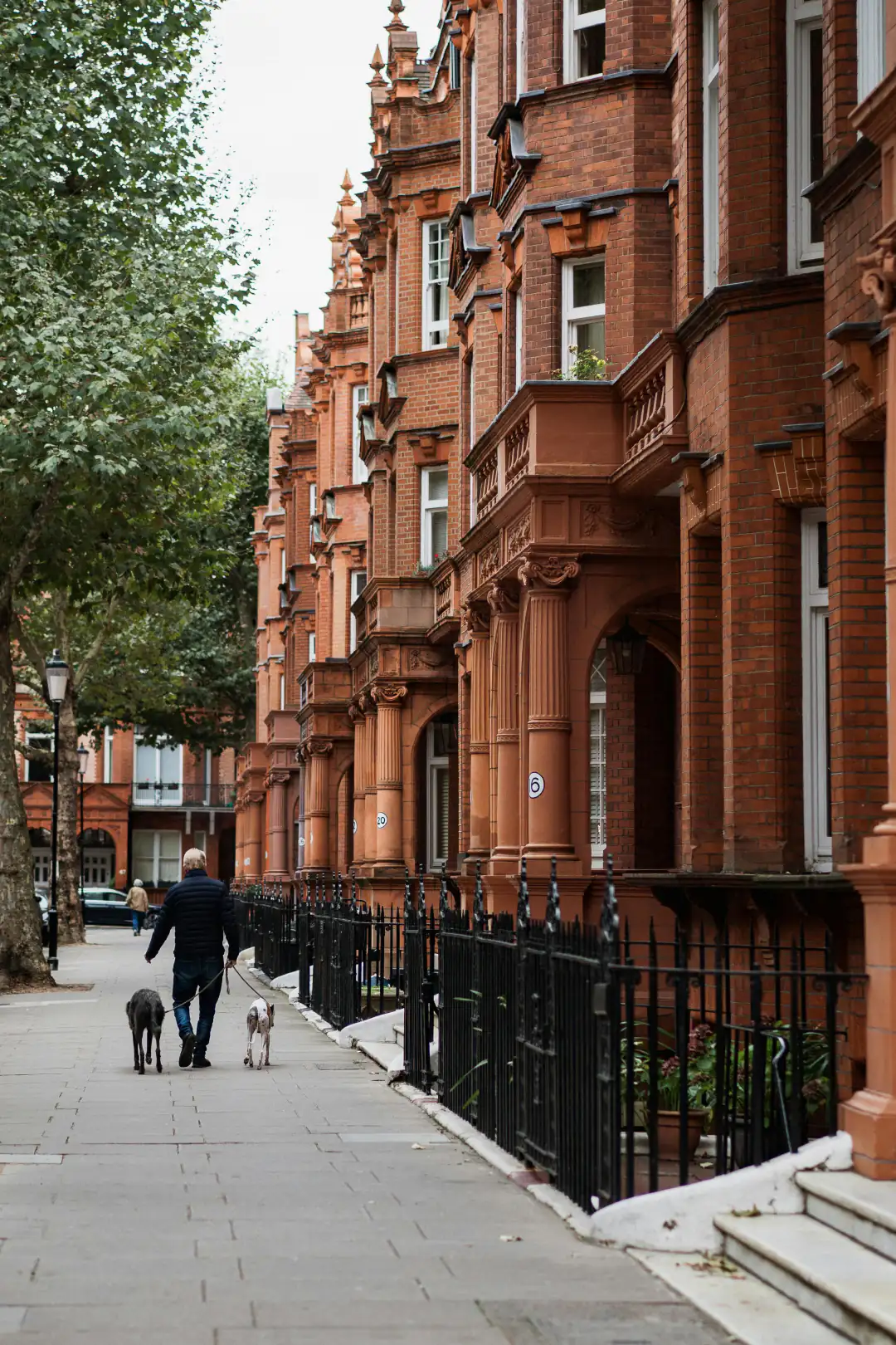 A person walking two dogs along a red-brick mansion street in London