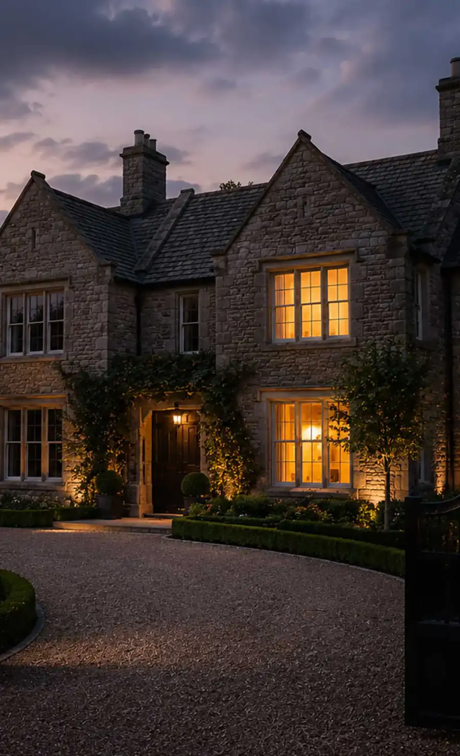 A stone country house at dusk with warmly lit windows